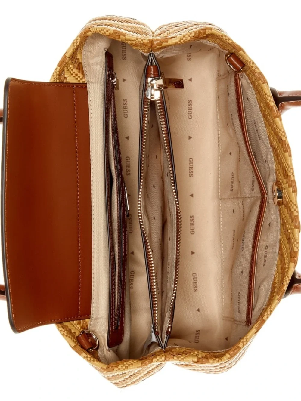 New GUESS Brown and Tan Woven Satchel with Gold Charm